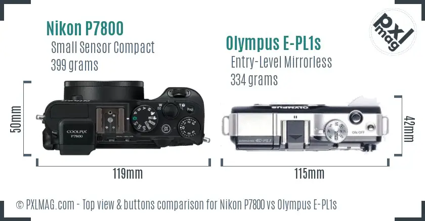 Nikon P7800 vs Olympus E-PL1s top view buttons comparison
