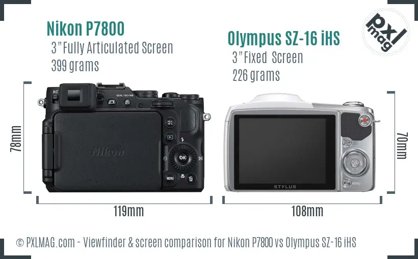 Nikon P7800 vs Olympus SZ-16 iHS Screen and Viewfinder comparison