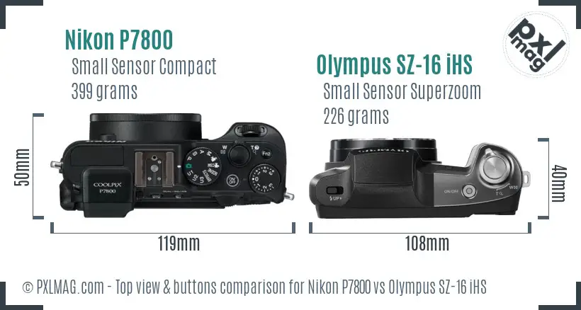 Nikon P7800 vs Olympus SZ-16 iHS top view buttons comparison