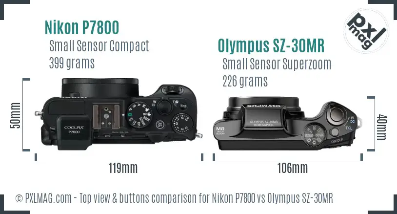 Nikon P7800 vs Olympus SZ-30MR top view buttons comparison