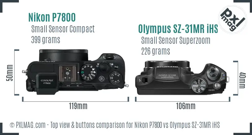 Nikon P7800 vs Olympus SZ-31MR iHS top view buttons comparison