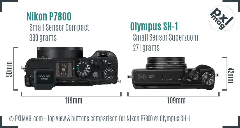 Nikon P7800 vs Olympus SH-1 top view buttons comparison Nikon P7800 vs Olympus SH-1 top view buttons comparison