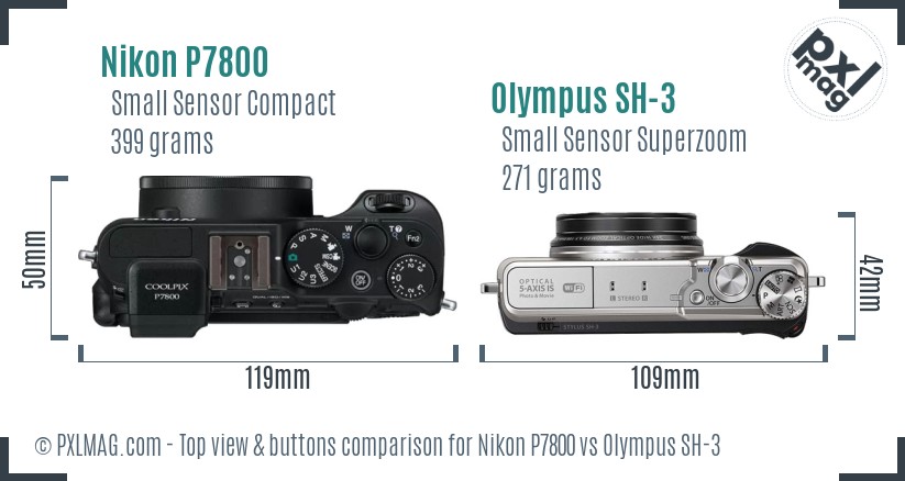 Nikon P7800 vs Olympus SH-3 top view buttons comparison