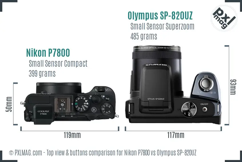 Nikon P7800 vs Olympus SP-820UZ top view buttons comparison Nikon P7800 vs Olympus SP-820UZ top view buttons comparison