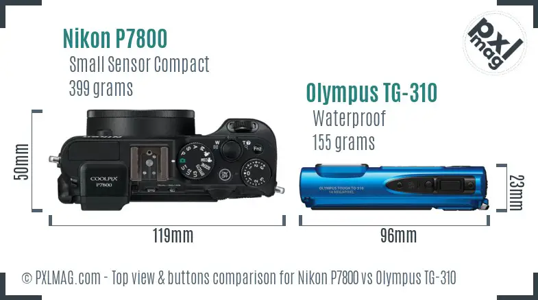 Nikon P7800 vs Olympus TG-310 top view buttons comparison