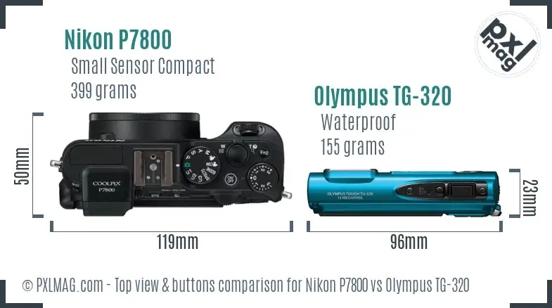 Nikon P7800 vs Olympus TG-320 top view buttons comparison