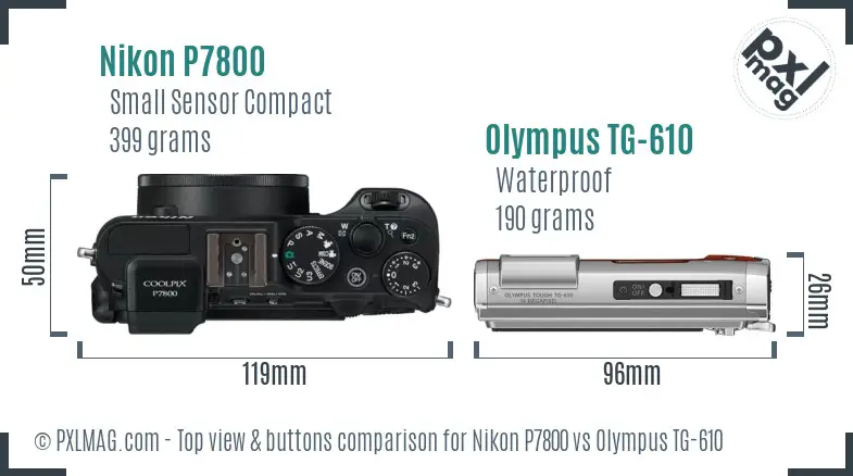 Nikon P7800 vs Olympus TG-610 top view buttons comparison