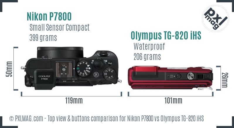 Nikon P7800 vs Olympus TG-820 iHS top view buttons comparison