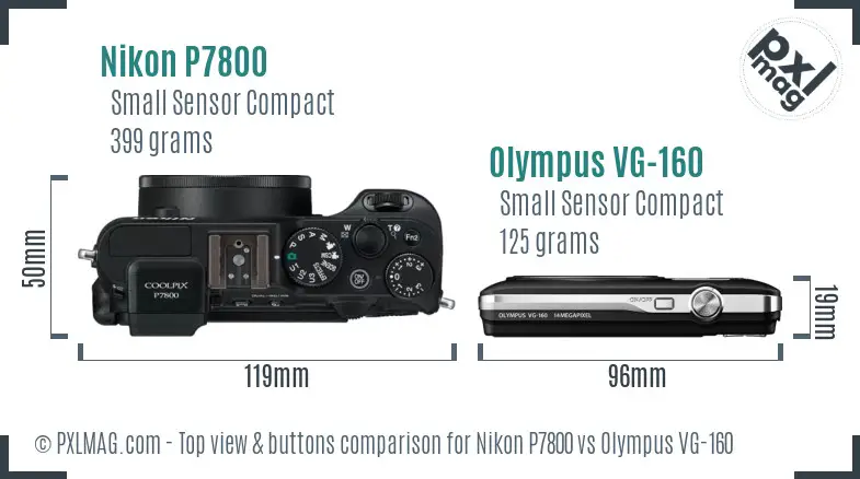 Nikon P7800 vs Olympus VG-160 top view buttons comparison