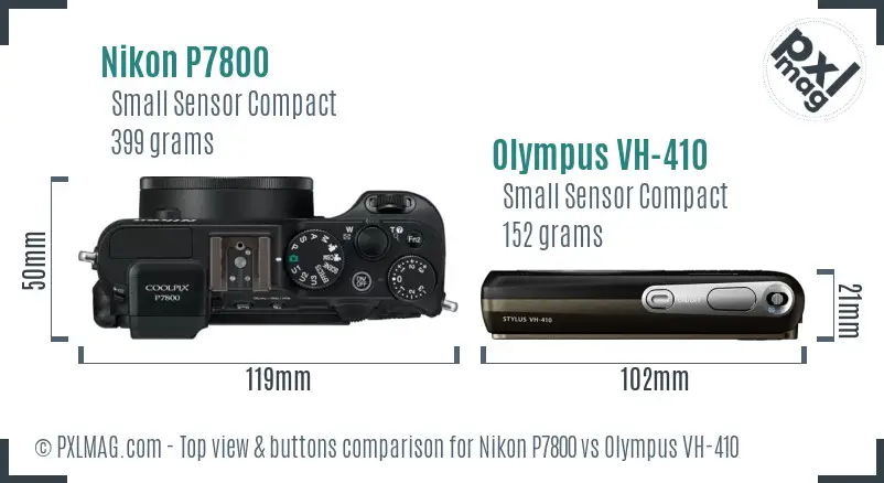 Nikon P7800 vs Olympus VH-410 top view buttons comparison