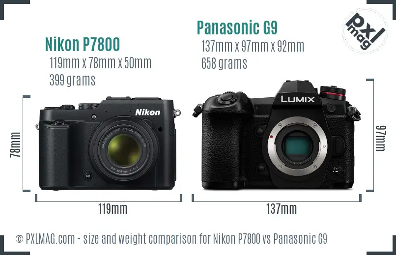 Nikon P7800 vs Panasonic G9 size comparison