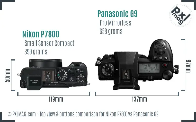 Nikon P7800 vs Panasonic G9 top view buttons comparison
