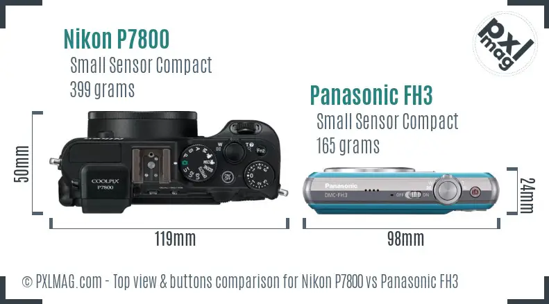 Nikon P7800 vs Panasonic FH3 top view buttons comparison