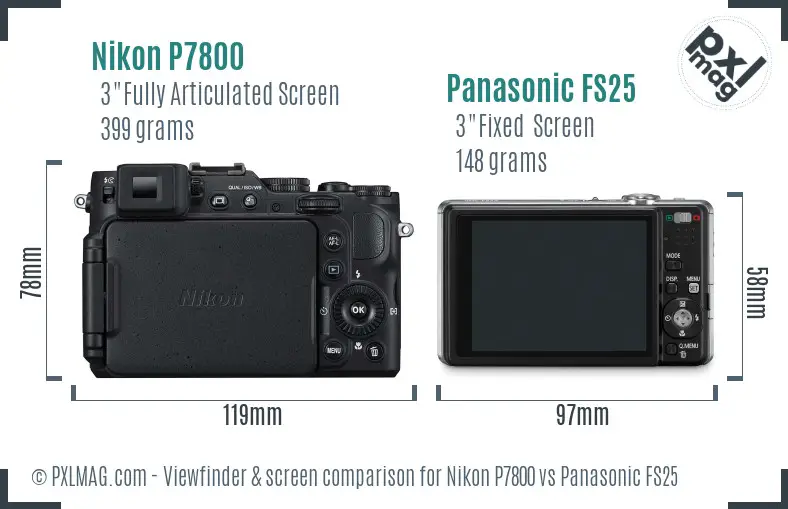 Nikon P7800 vs Panasonic FS25 Screen and Viewfinder comparison