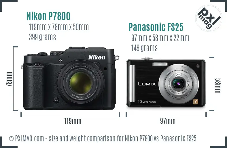 Nikon P7800 vs Panasonic FS25 size comparison