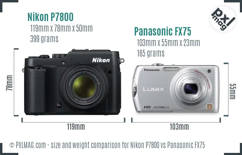 Nikon P7800 vs Panasonic FX75 size comparison