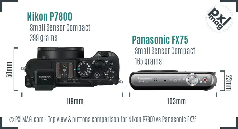 Nikon P7800 vs Panasonic FX75 top view buttons comparison