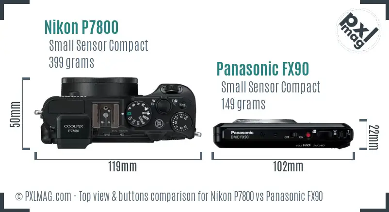 Nikon P7800 vs Panasonic FX90 top view buttons comparison