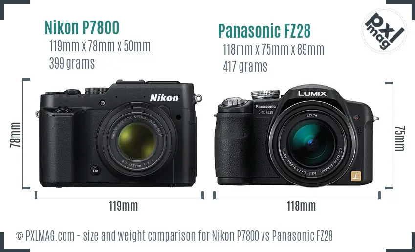 Nikon P7800 vs Panasonic FZ28 size comparison Nikon P7800 vs Panasonic FZ28 size comparison