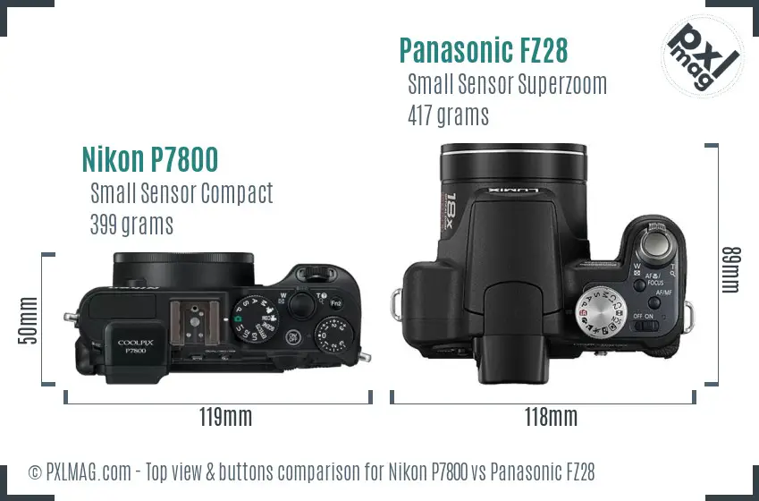 Nikon P7800 vs Panasonic FZ28 top view buttons comparison Nikon P7800 vs Panasonic FZ28 top view buttons comparison