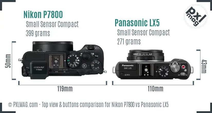 Nikon P7800 vs Panasonic LX5 top view buttons comparison