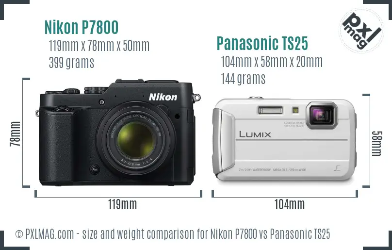 Nikon P7800 vs Panasonic TS25 size comparison