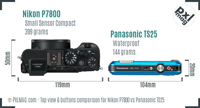 Nikon P7800 vs Panasonic TS25 top view buttons comparison