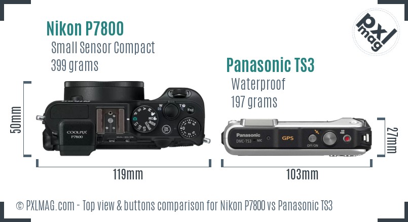Nikon P7800 vs Panasonic TS3 top view buttons comparison