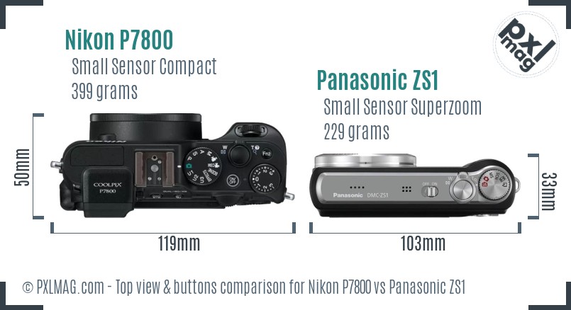 Nikon P7800 vs Panasonic ZS1 top view buttons comparison