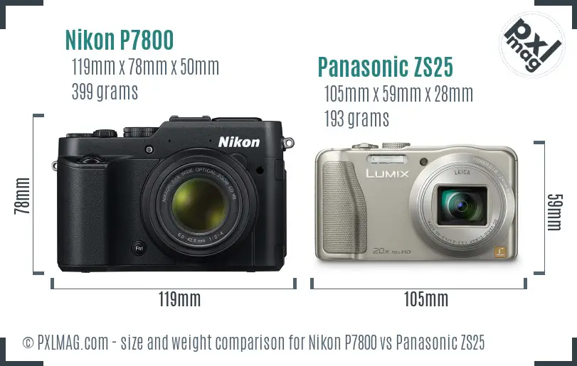 Nikon P7800 vs Panasonic ZS25 size comparison