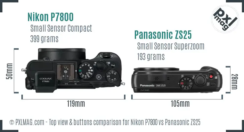 Nikon P7800 vs Panasonic ZS25 top view buttons comparison