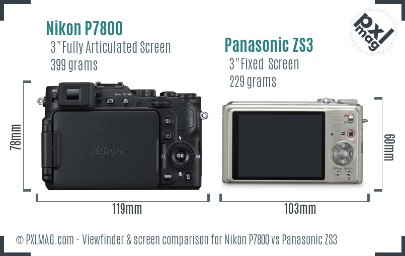 Nikon P7800 vs Panasonic ZS3 Screen and Viewfinder comparison