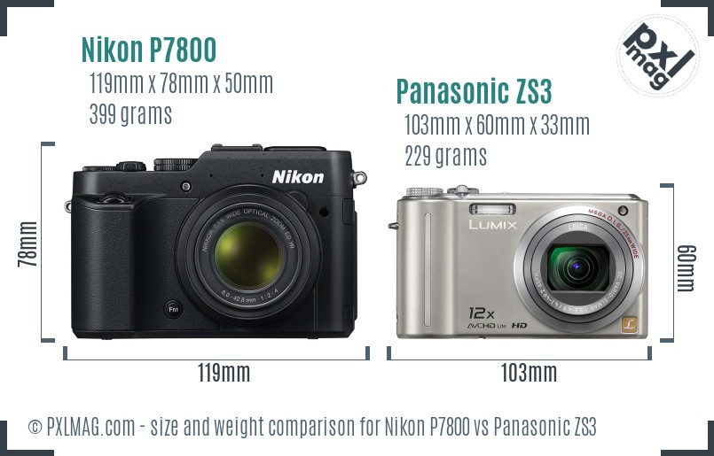 Nikon P7800 vs Panasonic ZS3 size comparison