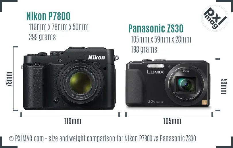 Nikon P7800 vs Panasonic ZS30 size comparison