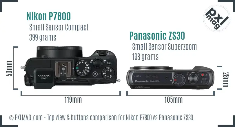 Nikon P7800 vs Panasonic ZS30 top view buttons comparison