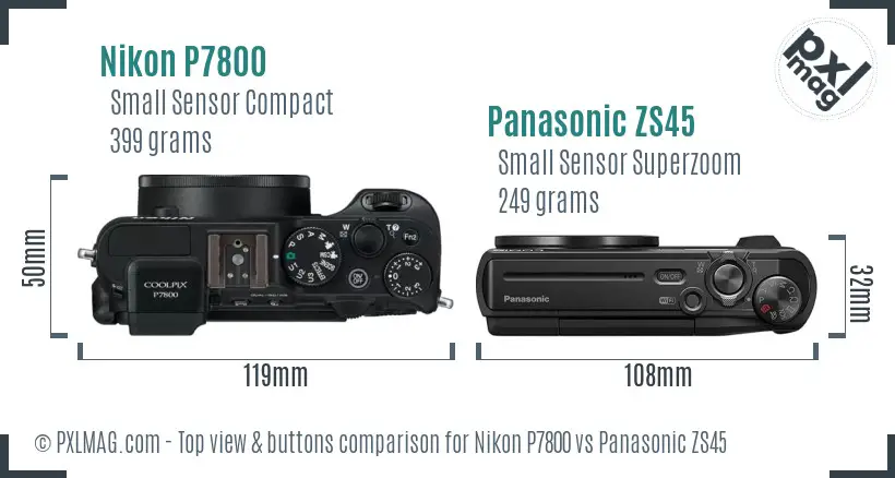 Nikon P7800 vs Panasonic ZS45 top view buttons comparison