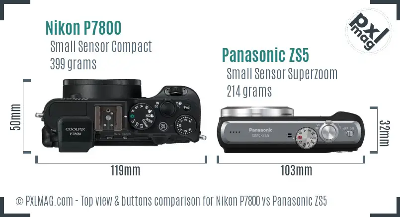 Nikon P7800 vs Panasonic ZS5 top view buttons comparison Nikon P7800 vs Panasonic ZS5 top view buttons comparison