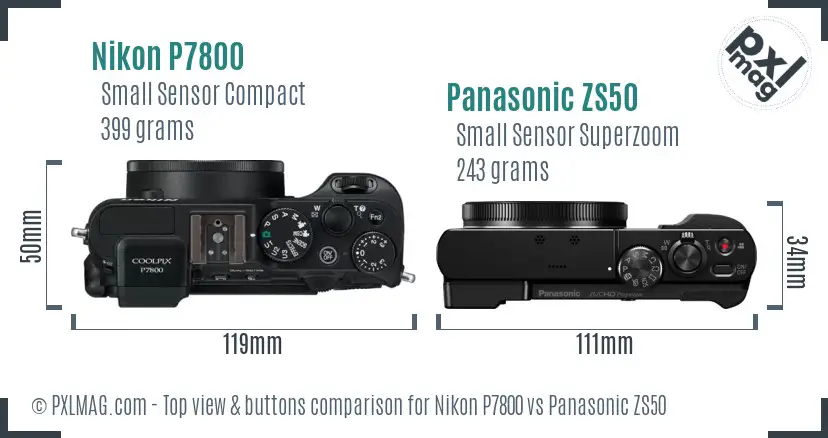 Nikon P7800 vs Panasonic ZS50 top view buttons comparison