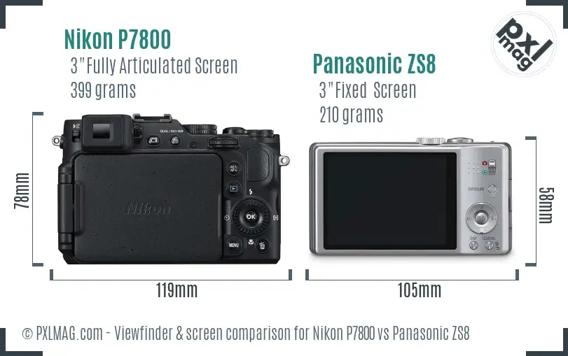 Nikon P7800 vs Panasonic ZS8 Screen and Viewfinder comparison