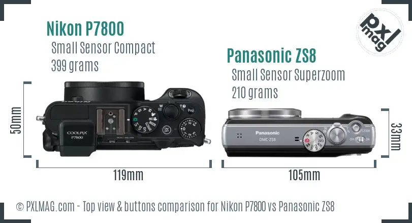Nikon P7800 vs Panasonic ZS8 top view buttons comparison