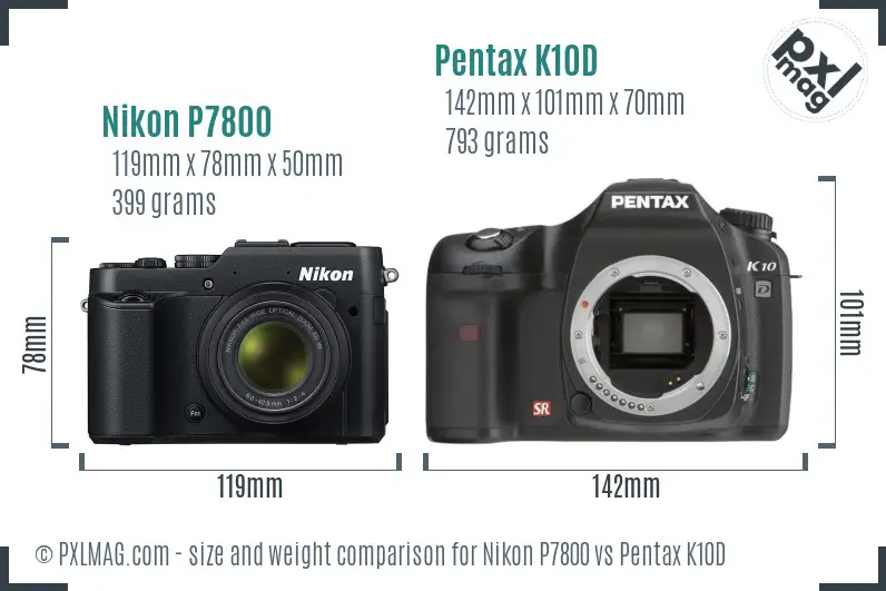 Nikon P7800 vs Pentax K10D size comparison