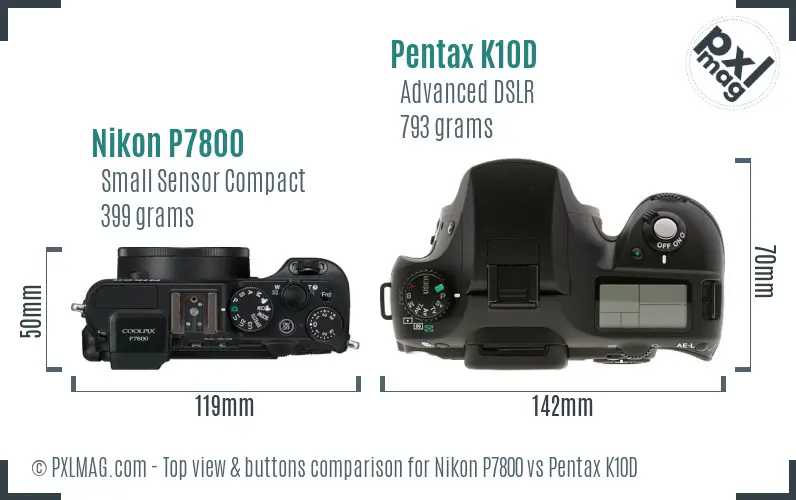 Nikon P7800 vs Pentax K10D top view buttons comparison