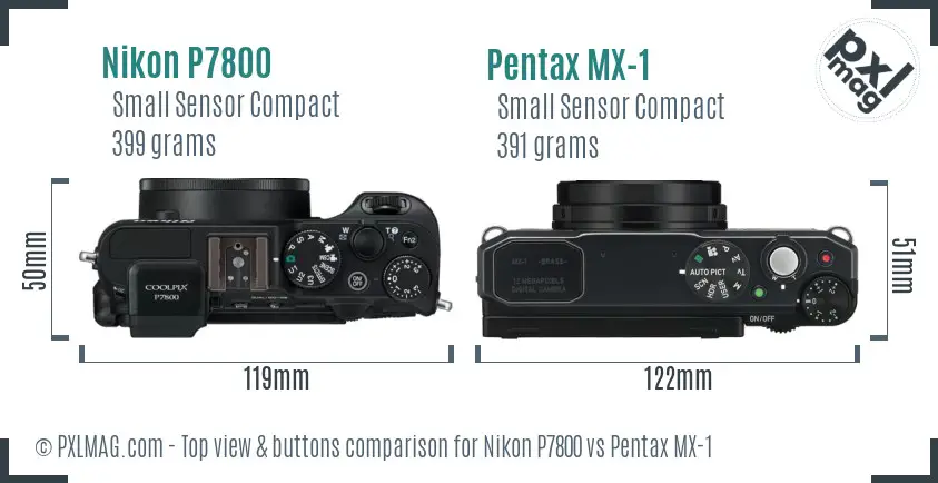 Nikon P7800 vs Pentax MX-1 top view buttons comparison
