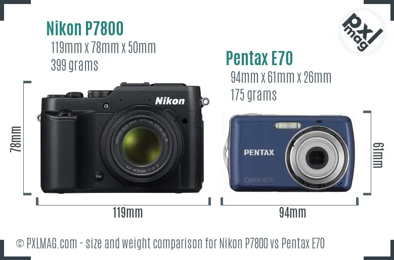 Nikon P7800 vs Pentax E70 size comparison
