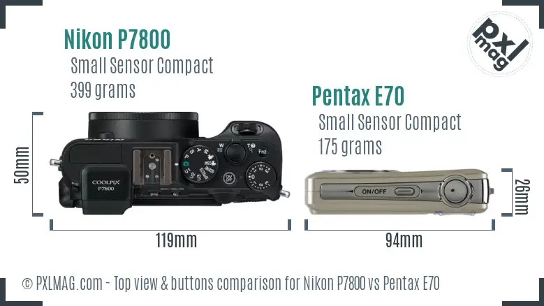 Nikon P7800 vs Pentax E70 top view buttons comparison