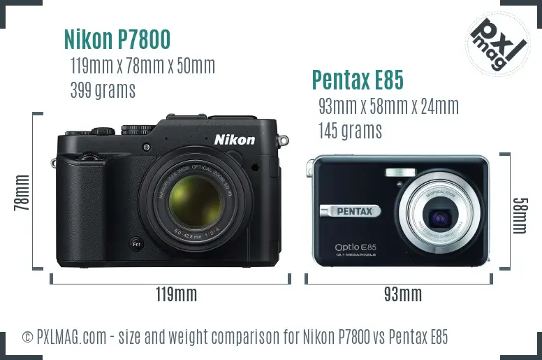 Nikon P7800 vs Pentax E85 size comparison