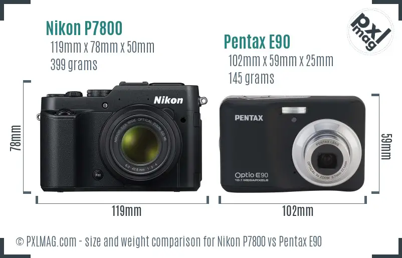Nikon P7800 vs Pentax E90 size comparison