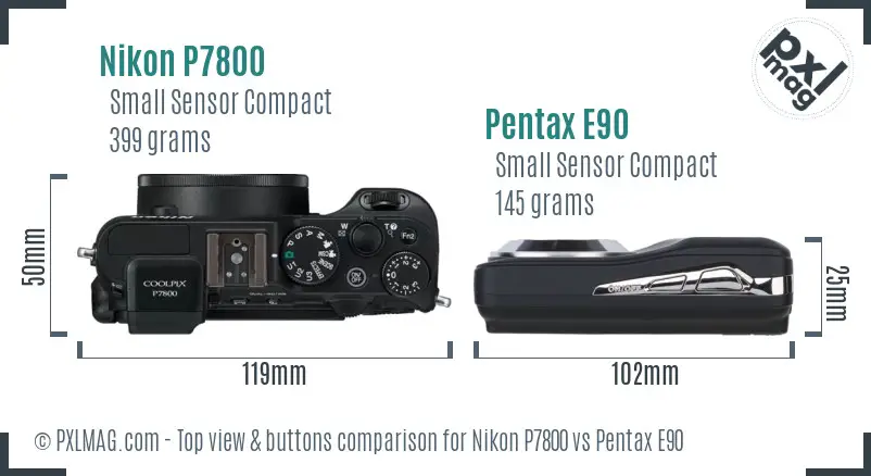 Nikon P7800 vs Pentax E90 top view buttons comparison