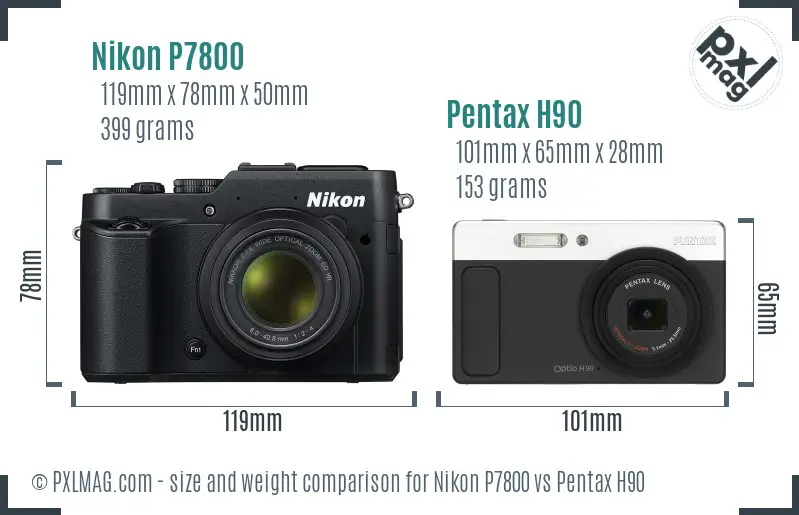 Nikon P7800 vs Pentax H90 size comparison