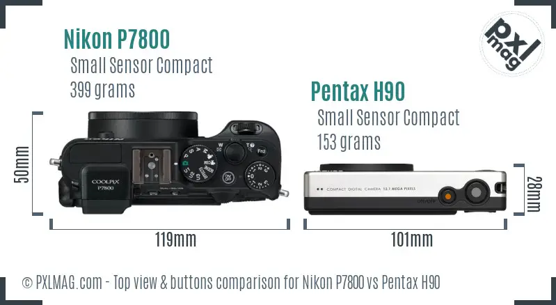 Nikon P7800 vs Pentax H90 top view buttons comparison